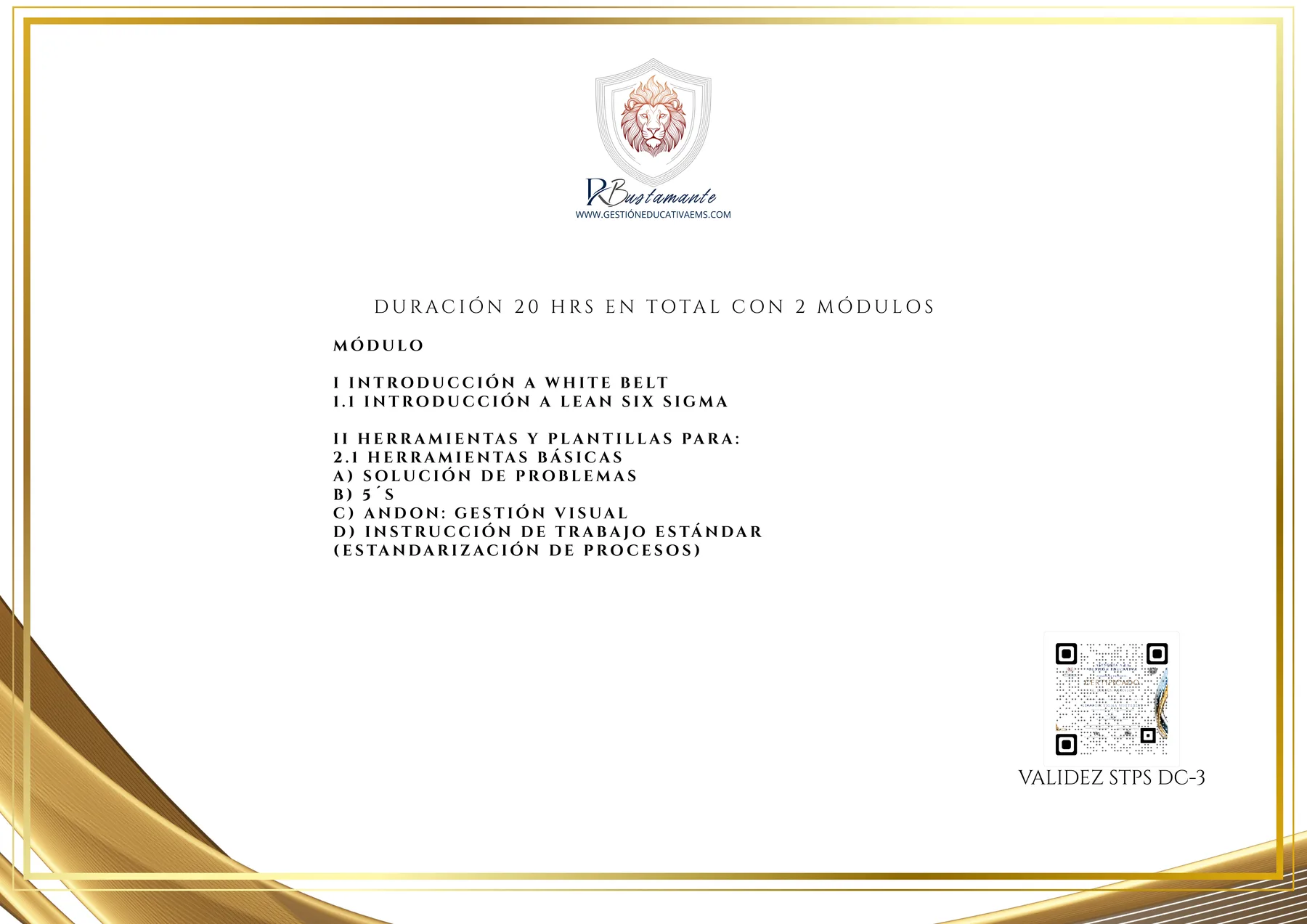 Reverso del diploma: temario del curso y validez STPS DC-3 con código QR